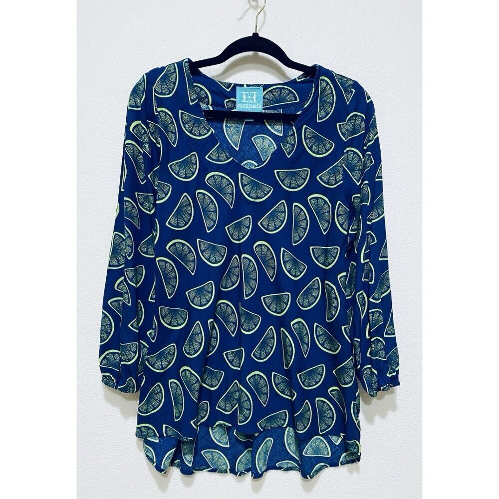 Escapada Top Womens Large Blue Lemon Print V Neck Tunic Beachy Vacation Boho